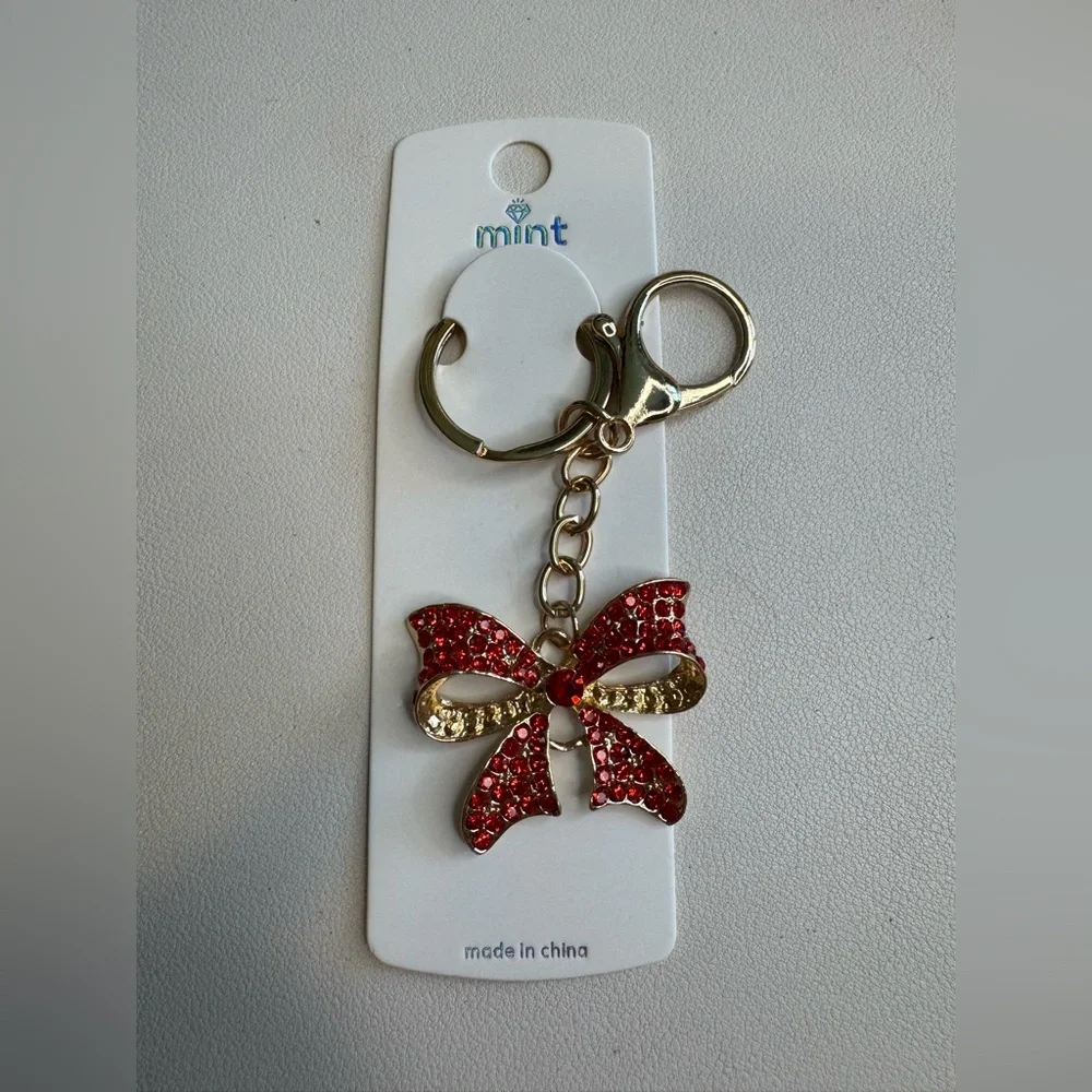 Mint Red and Gold Bow Keychain bag charm